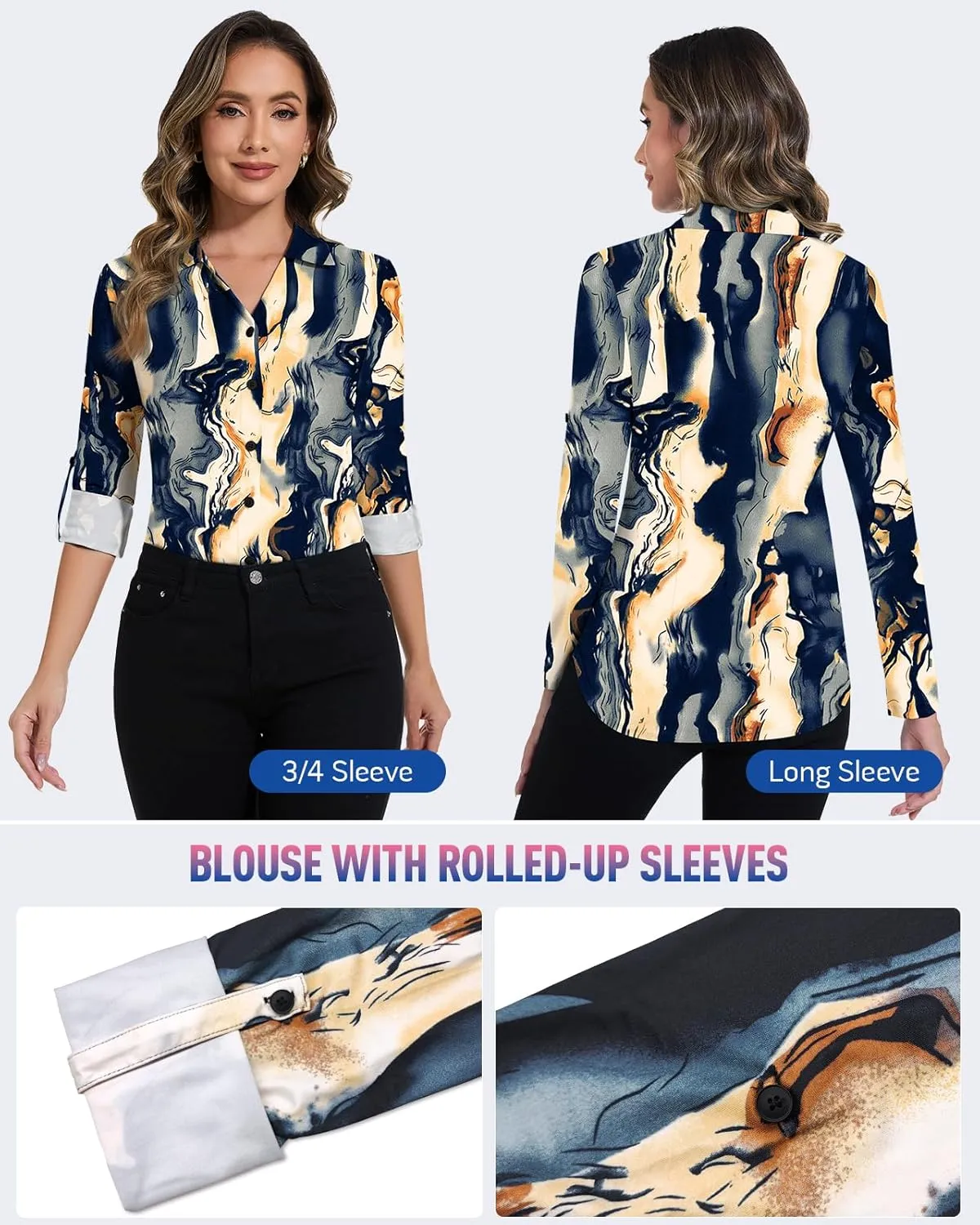 Soneven Womens 3/4 Roll Sleeve Golf Polo Shirts V Neck Long Sleeve Button Up Shirts Business Casual Tops Work Blouses