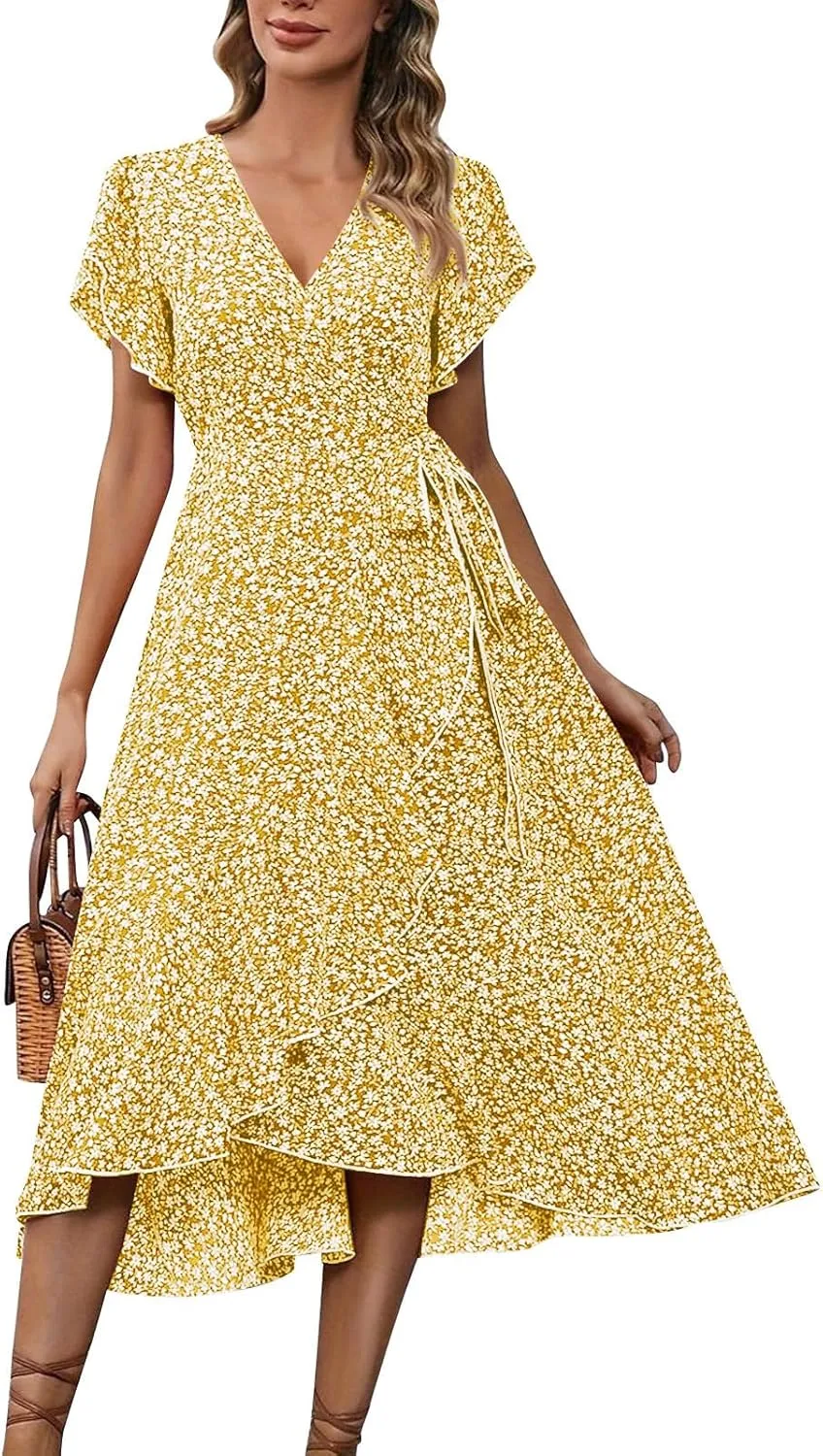 Summer Dresses for Women 2025 Casual V Neck Short Sleeve Floral Midi Dress Tie Waist Ruffle Boho Cute Summer Dress