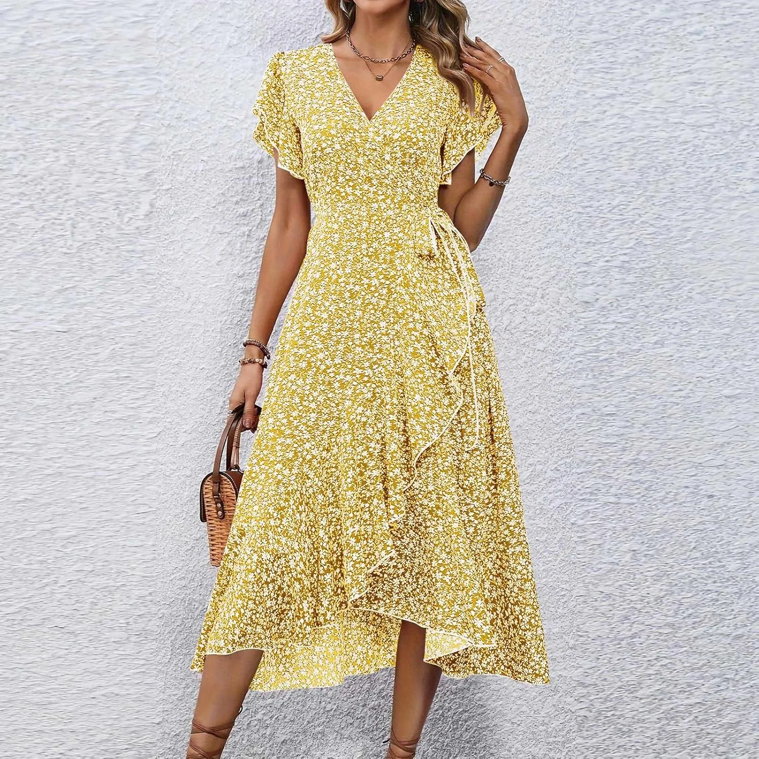 Summer Dresses for Women 2025 Casual V Neck Short Sleeve Floral Midi Dress Tie Waist Ruffle Boho Cute Summer Dress