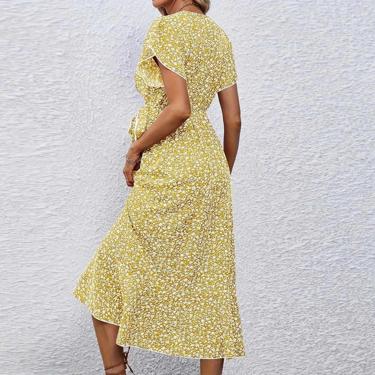 Summer Dresses for Women 2025 Casual V Neck Short Sleeve Floral Midi Dress Tie Waist Ruffle Boho Cute Summer Dress