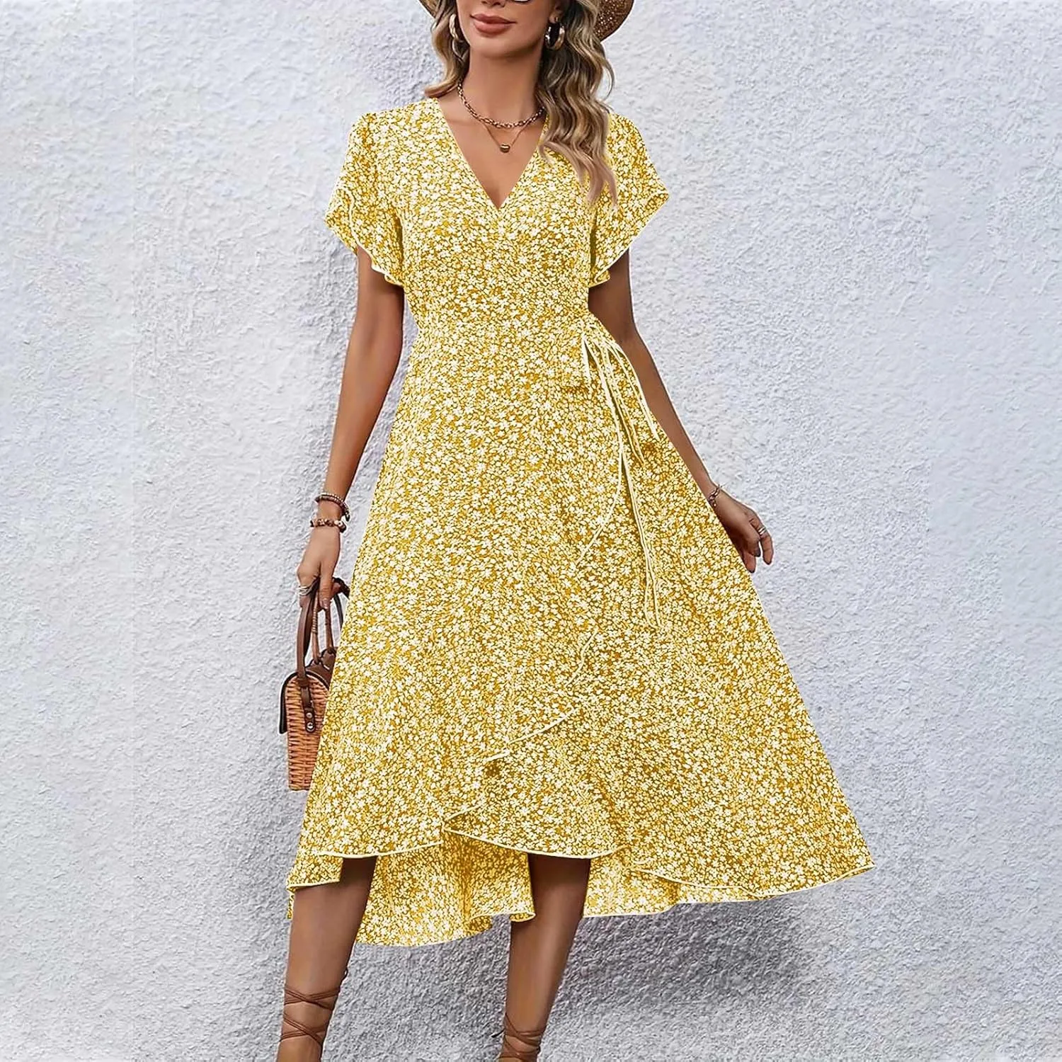 Summer Dresses for Women 2025 Casual V Neck Short Sleeve Floral Midi Dress Tie Waist Ruffle Boho Cute Summer Dress