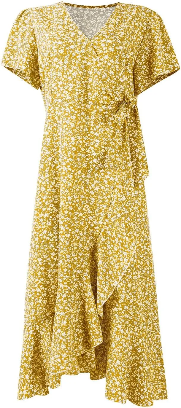 Summer Dresses for Women 2025 Casual V Neck Short Sleeve Floral Midi Dress Tie Waist Ruffle Boho Cute Summer Dress