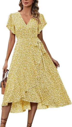 Summer Dresses for Women 2025 Casual V Neck Short Sleeve Floral Midi Dress Tie Waist Ruffle Boho Cute Summer Dress