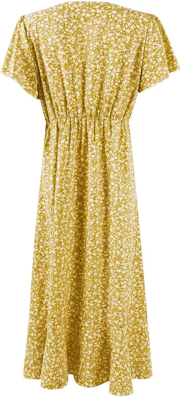 Summer Dresses for Women 2025 Casual V Neck Short Sleeve Floral Midi Dress Tie Waist Ruffle Boho Cute Summer Dress