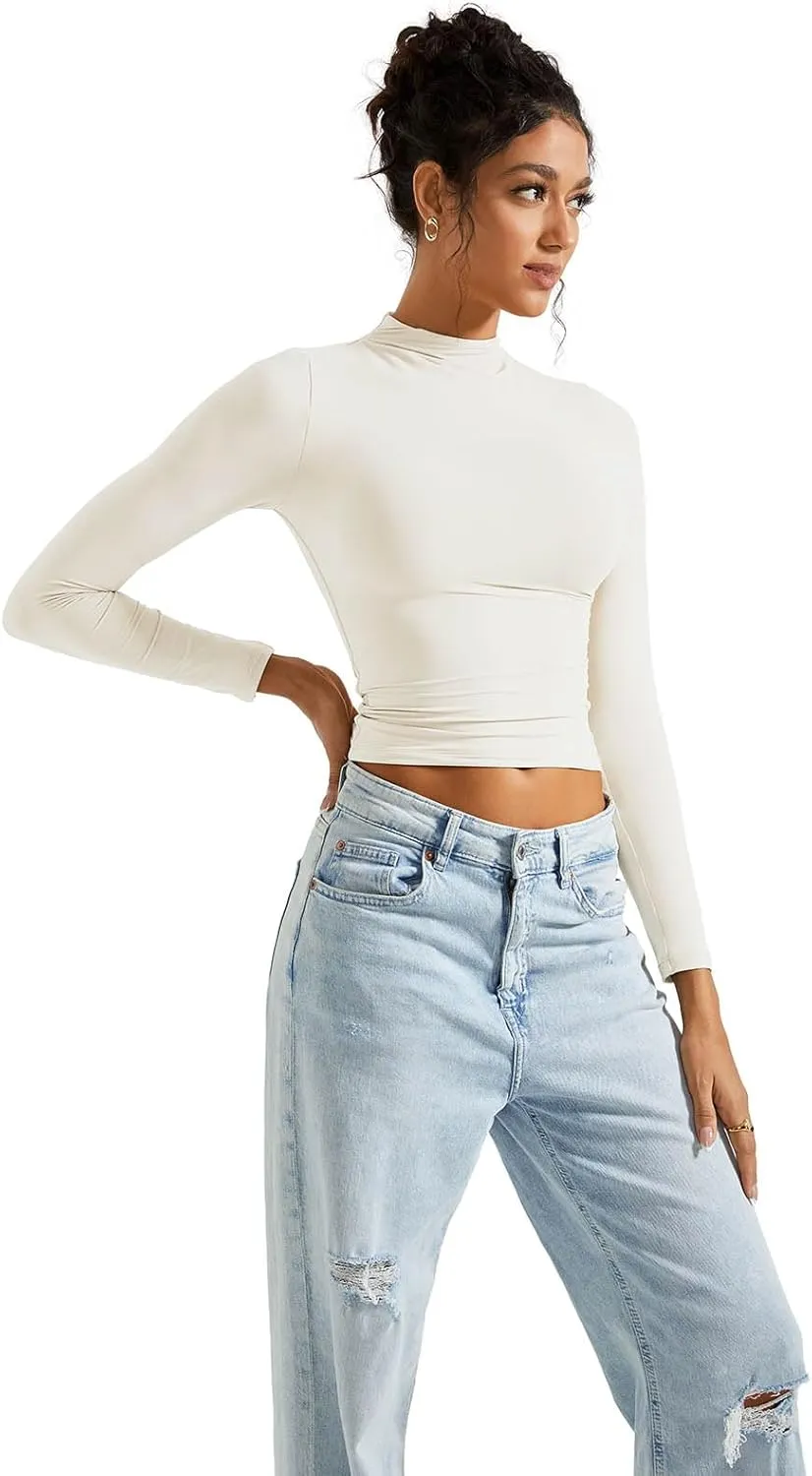 SUUKSESS Women Double Lined Mock Turtle Neck Long Sleeve T Shirt Fitted Y2k Crop Top