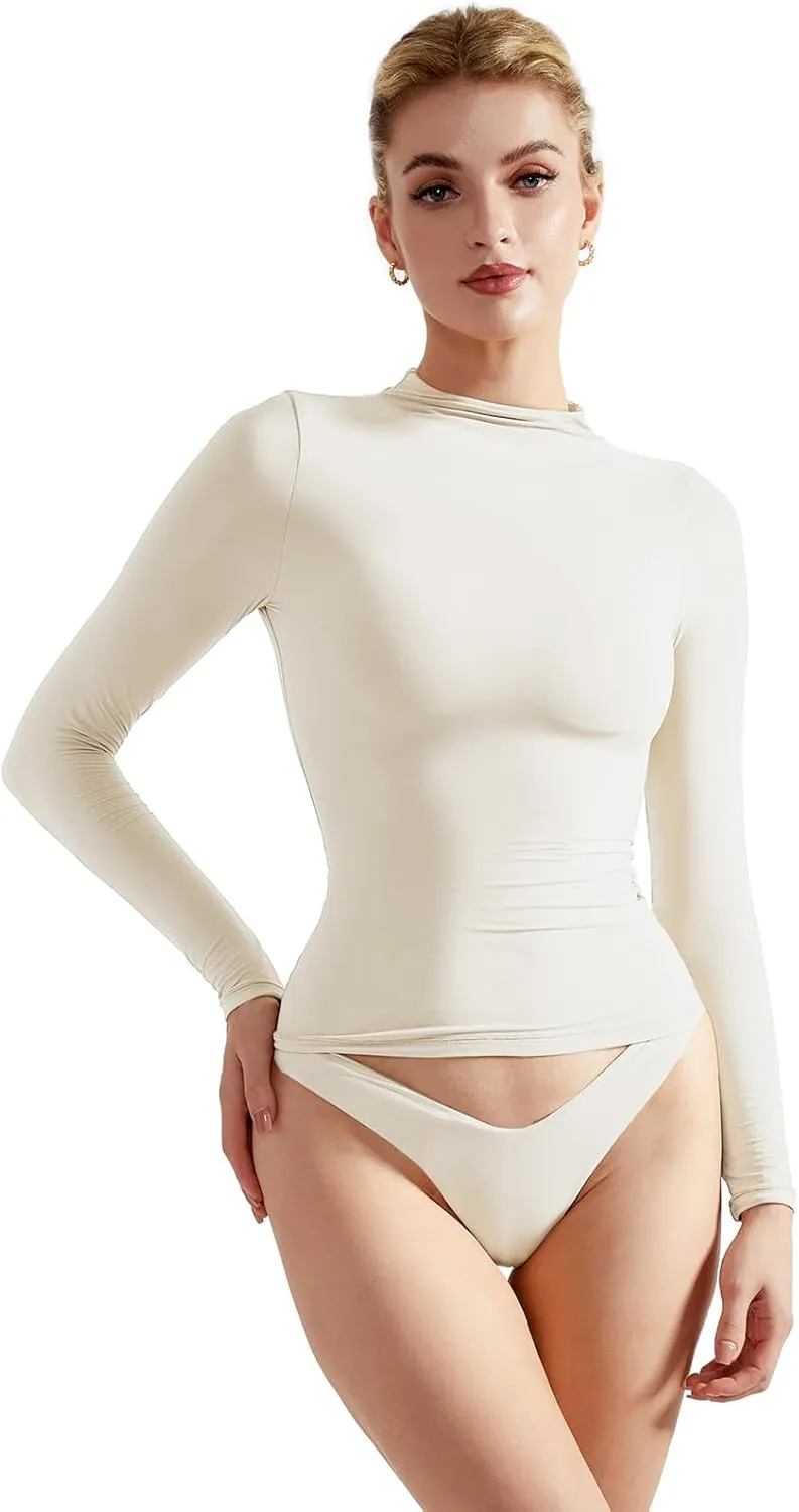 SUUKSESS Women Double Lined Mock Turtle Neck Long Sleeve T Shirt Fitted Y2k Crop Top