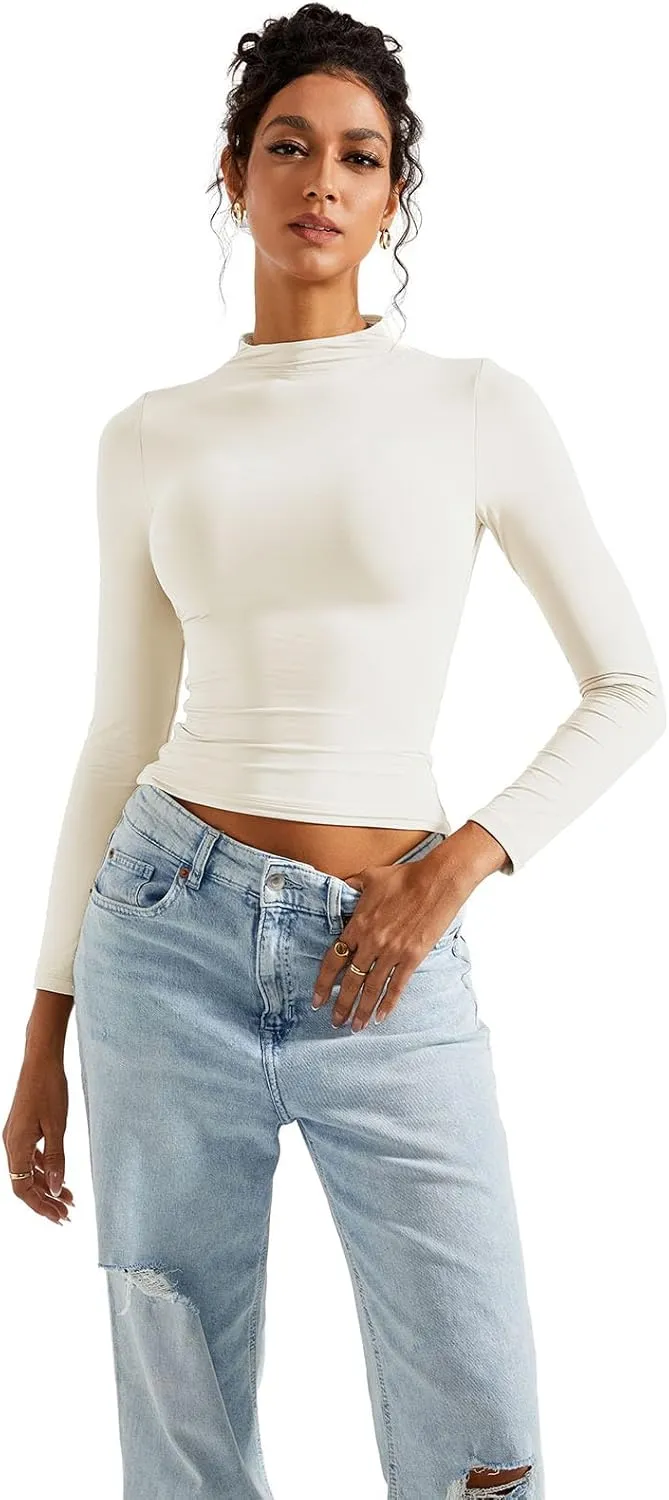 SUUKSESS Women Double Lined Mock Turtle Neck Long Sleeve T Shirt Fitted Y2k Crop Top