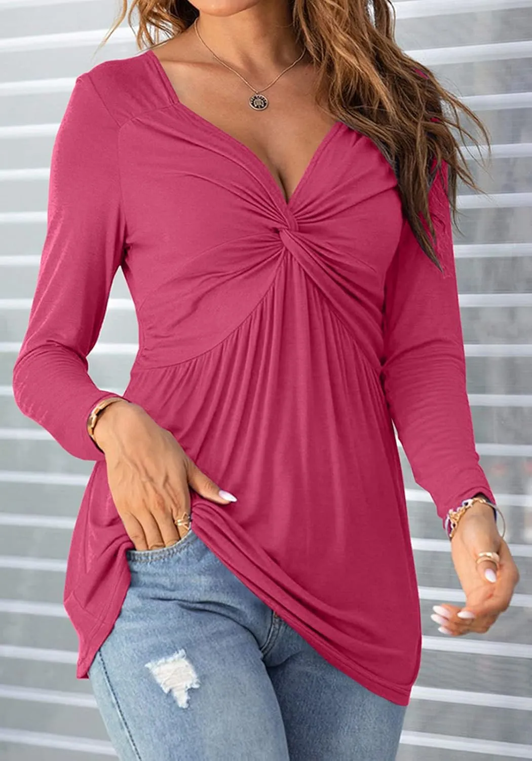 Tankaneo Women V-Neck Front Knotted Blouse Shirt Long Sleeve Elegant Casual T-Shirt Solid Color Pullover Tops