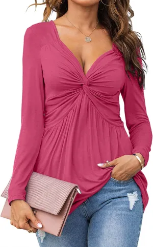 Tankaneo Women V-Neck Front Knotted Blouse Shirt Long Sleeve Elegant Casual T-Shirt Solid Color Pullover Tops
