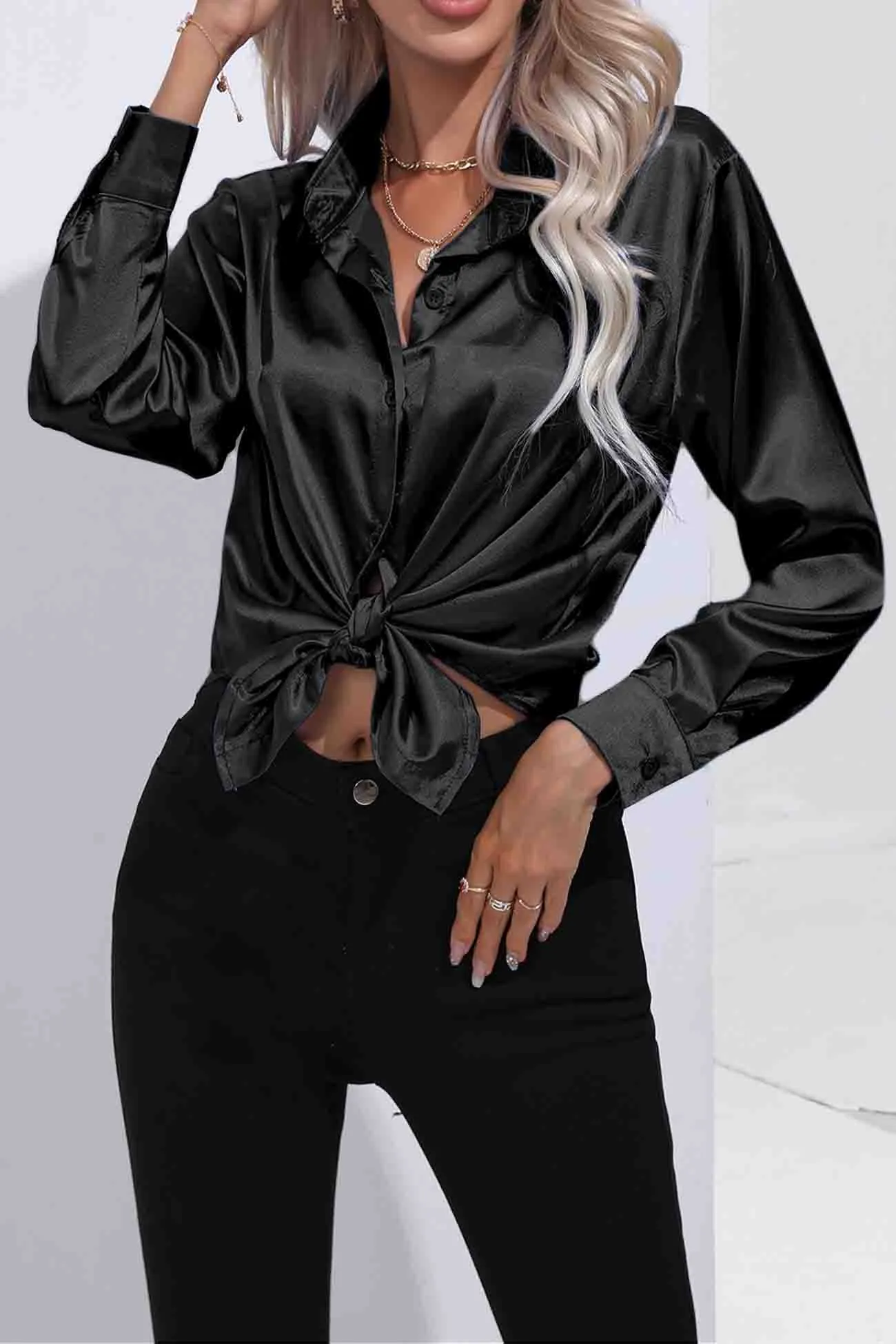 TastyHottie - Lapel Satin Button Up Blouse