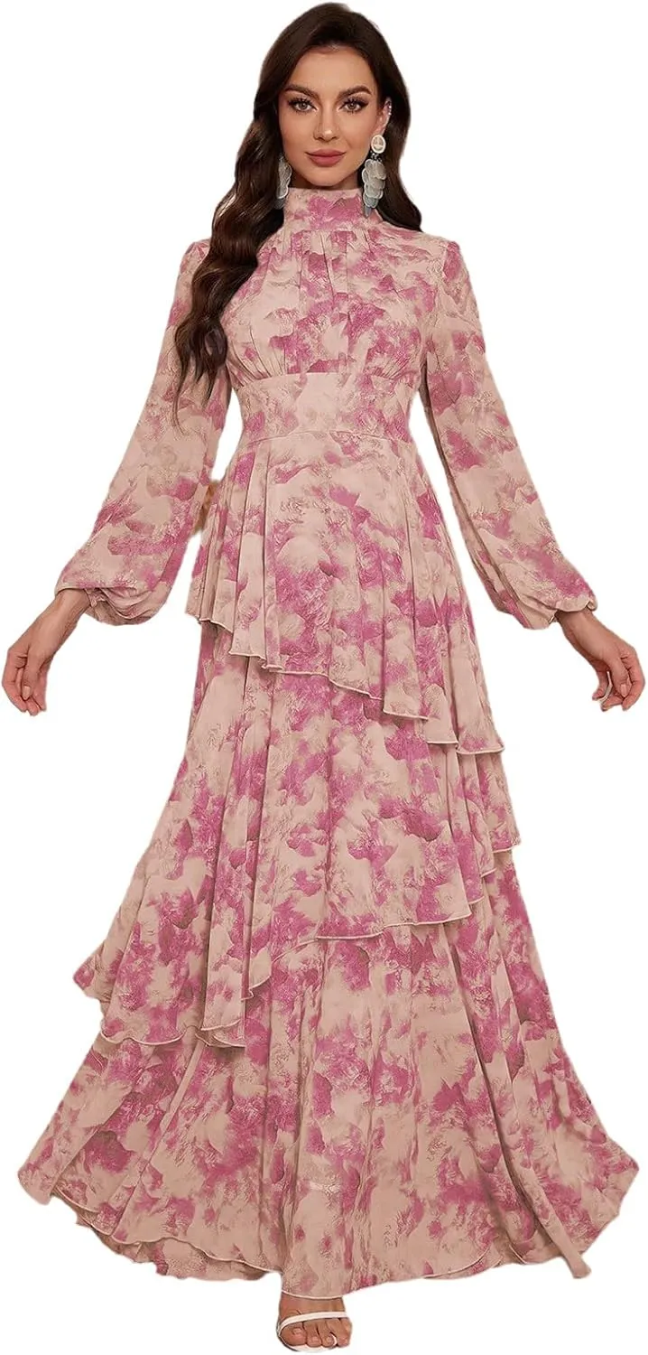 TOLEEN Summer Casual Dresses for Women 2024 Spring Fashion Boho V Neck Long Sleeve Ruffle Floral Print Elegant Maxi Dress