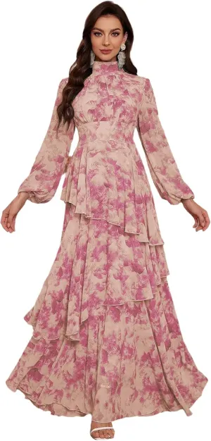 TOLEEN Summer Casual Dresses for Women 2024 Spring Fashion Boho V Neck Long Sleeve Ruffle Floral Print Elegant Maxi Dress