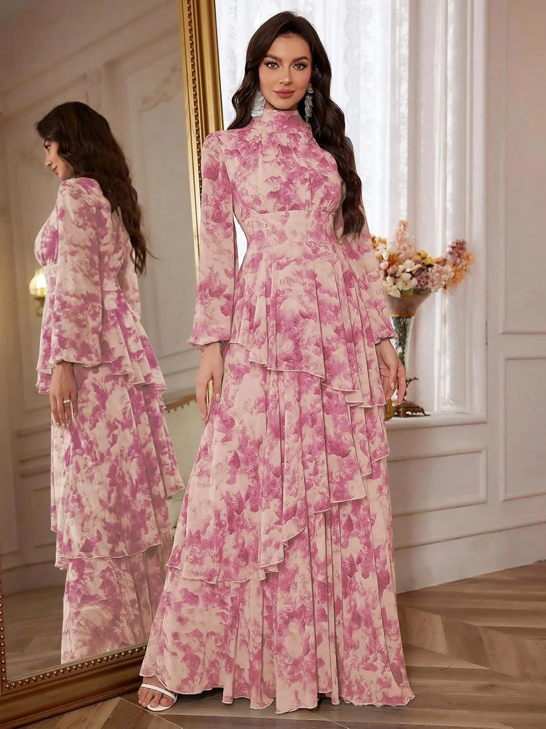 TOLEEN Summer Casual Dresses for Women 2024 Spring Fashion Boho V Neck Long Sleeve Ruffle Floral Print Elegant Maxi Dress
