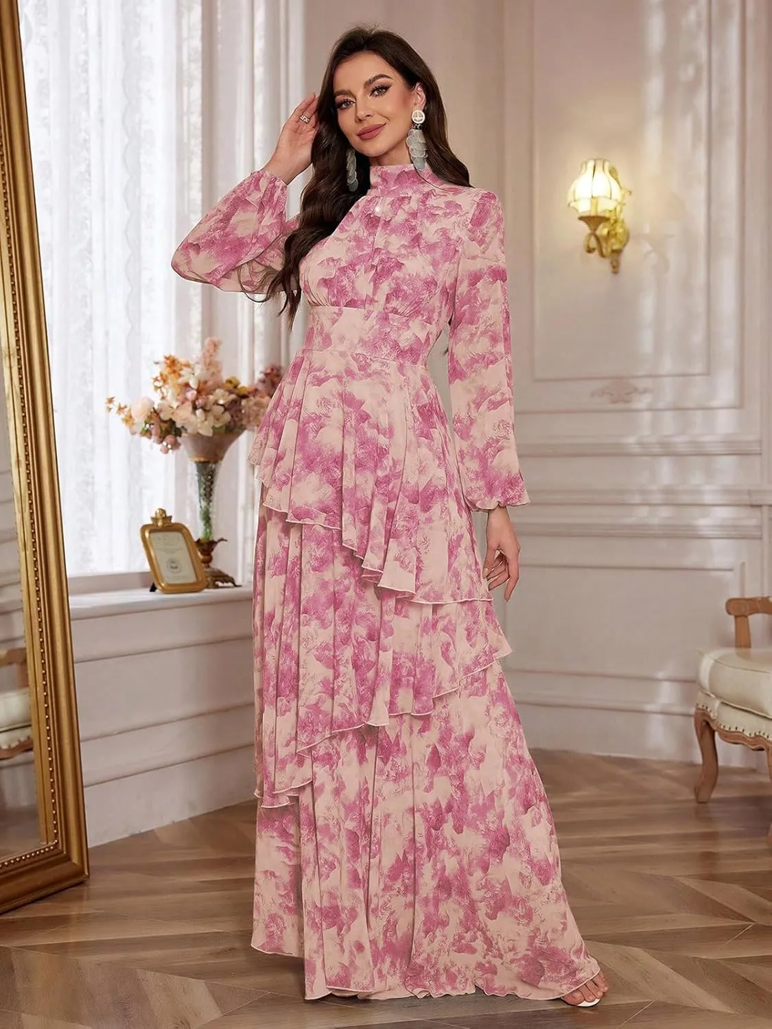 TOLEEN Summer Casual Dresses for Women 2024 Spring Fashion Boho V Neck Long Sleeve Ruffle Floral Print Elegant Maxi Dress