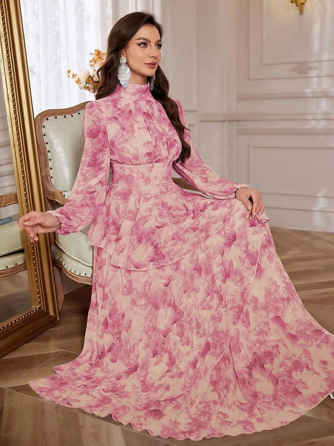 TOLEEN Summer Casual Dresses for Women 2024 Spring Fashion Boho V Neck Long Sleeve Ruffle Floral Print Elegant Maxi Dress