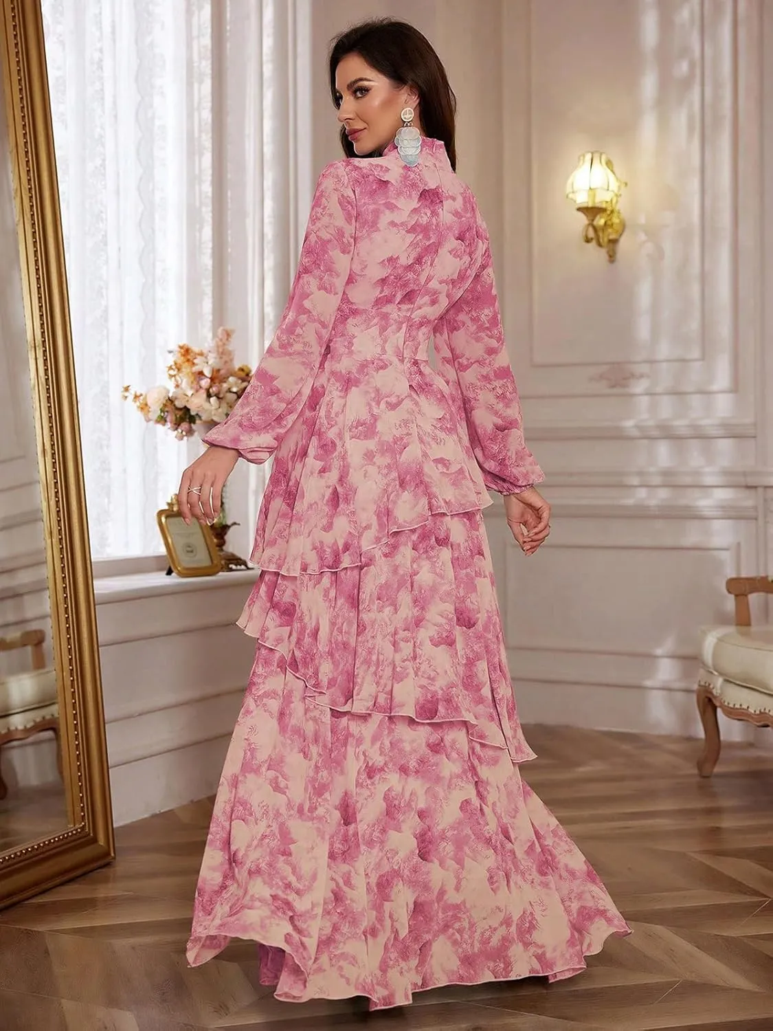 TOLEEN Summer Casual Dresses for Women 2024 Spring Fashion Boho V Neck Long Sleeve Ruffle Floral Print Elegant Maxi Dress