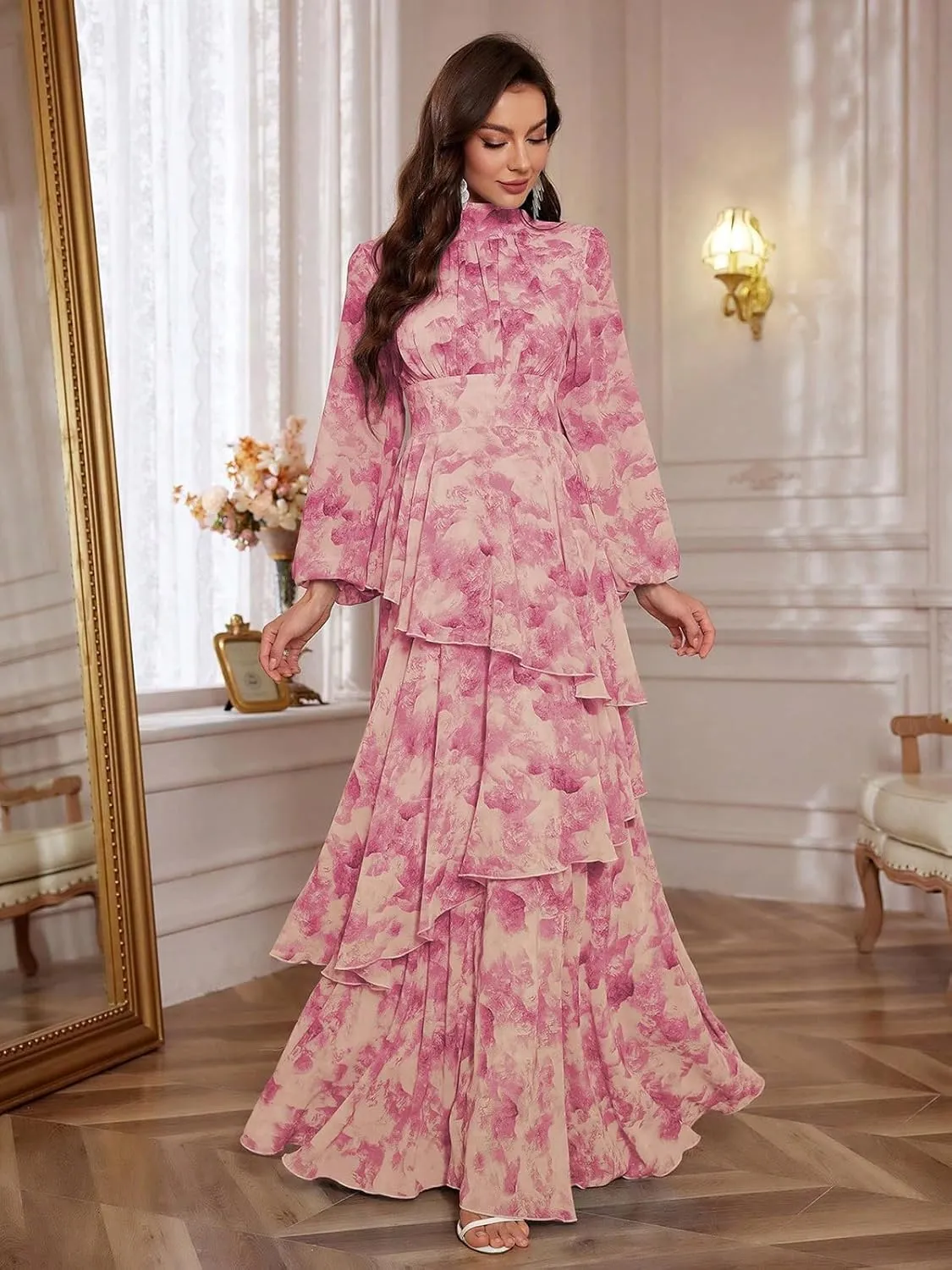 TOLEEN Summer Casual Dresses for Women 2024 Spring Fashion Boho V Neck Long Sleeve Ruffle Floral Print Elegant Maxi Dress