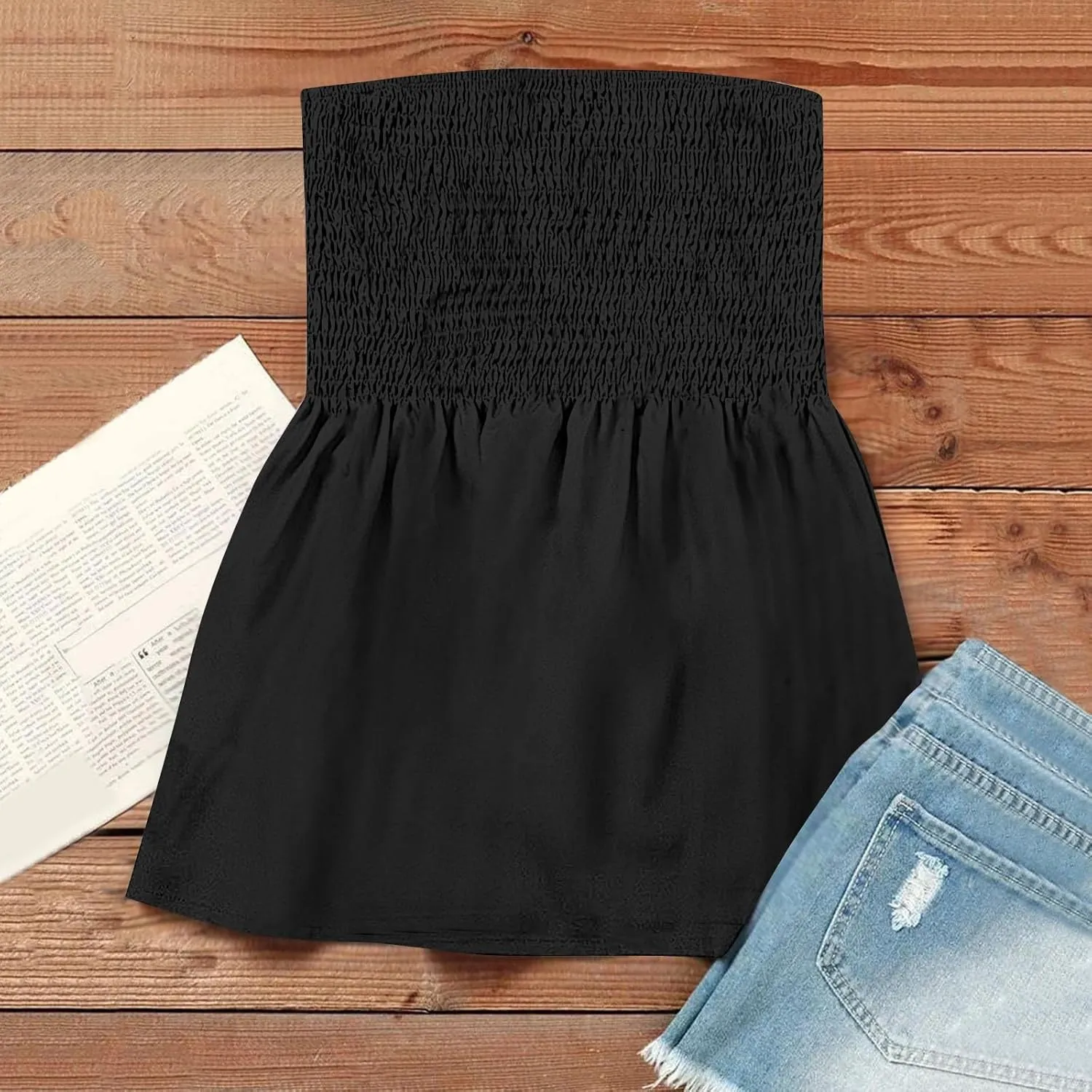 Tube Tops for Women Floral Print Strapless Tube Tops Smocked Ruffled Sleeveless Bandeau Lightweight Cute Tanks