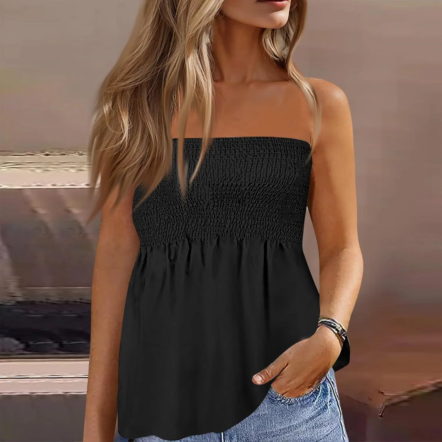 Tube Tops for Women Floral Print Strapless Tube Tops Smocked Ruffled Sleeveless Bandeau Lightweight Cute Tanks