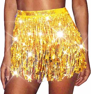 TWINKLEDE Sparkly Sequin Tassel Skirt Rave Fringe Skirts Belly Dance Hip Scarf Belts for Women