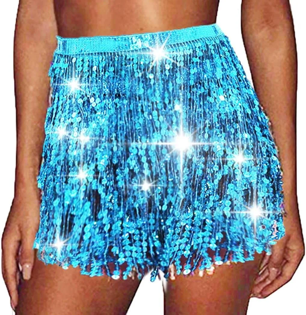 TWINKLEDE Sparkly Sequin Tassel Skirt Rave Fringe Skirts Belly Dance Hip Scarf Belts for Women