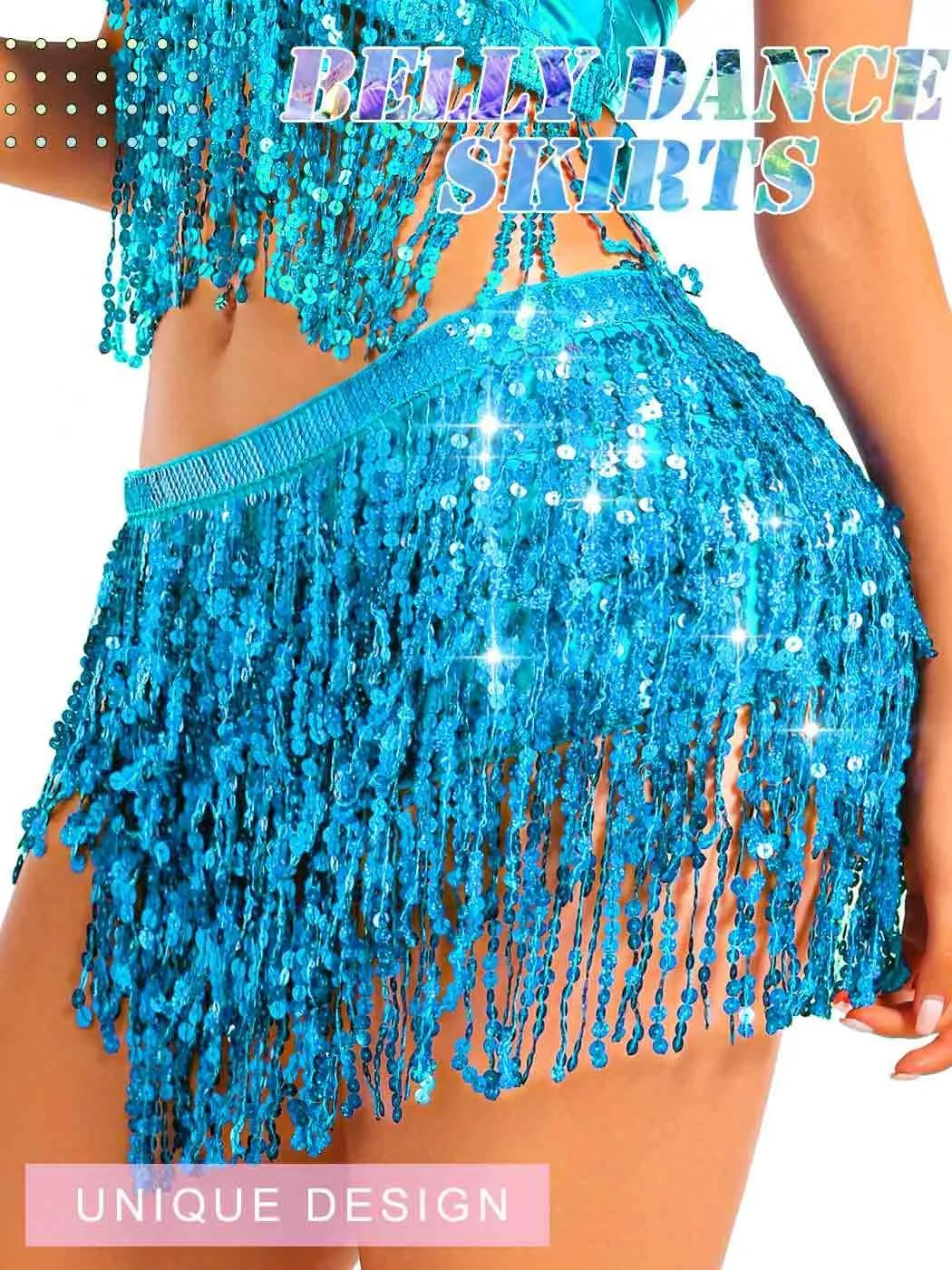 TWINKLEDE Sparkly Sequin Tassel Skirt Rave Fringe Skirts Belly Dance Hip Scarf Belts for Women