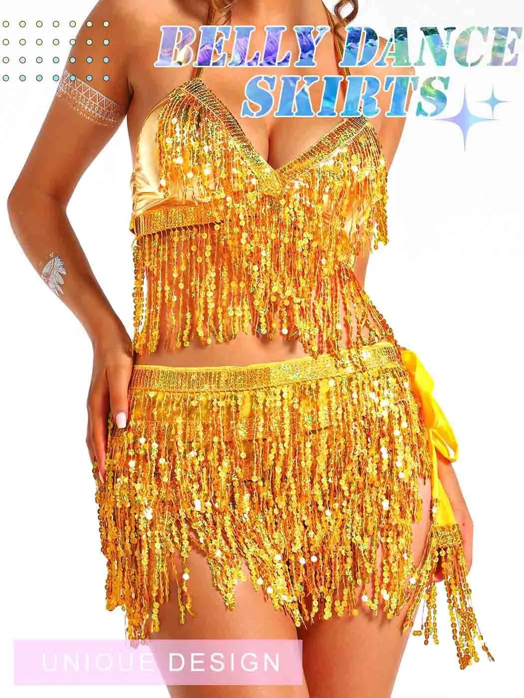 TWINKLEDE Sparkly Sequin Tassel Skirt Rave Fringe Skirts Belly Dance Hip Scarf Belts for Women
