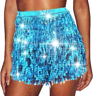 TWINKLEDE Sparkly Sequin Tassel Skirt Rave Fringe Skirts Belly Dance Hip Scarf Belts for Women