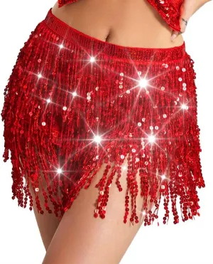 TWINKLEDE Sparkly Sequin Tassel Skirt Rave Fringe Skirts Belly Dance Hip Scarf Belts for Women
