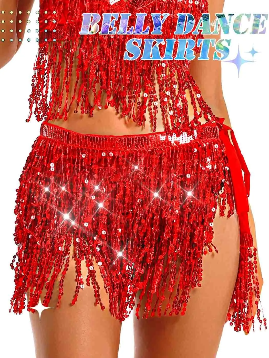 TWINKLEDE Sparkly Sequin Tassel Skirt Rave Fringe Skirts Belly Dance Hip Scarf Belts for Women