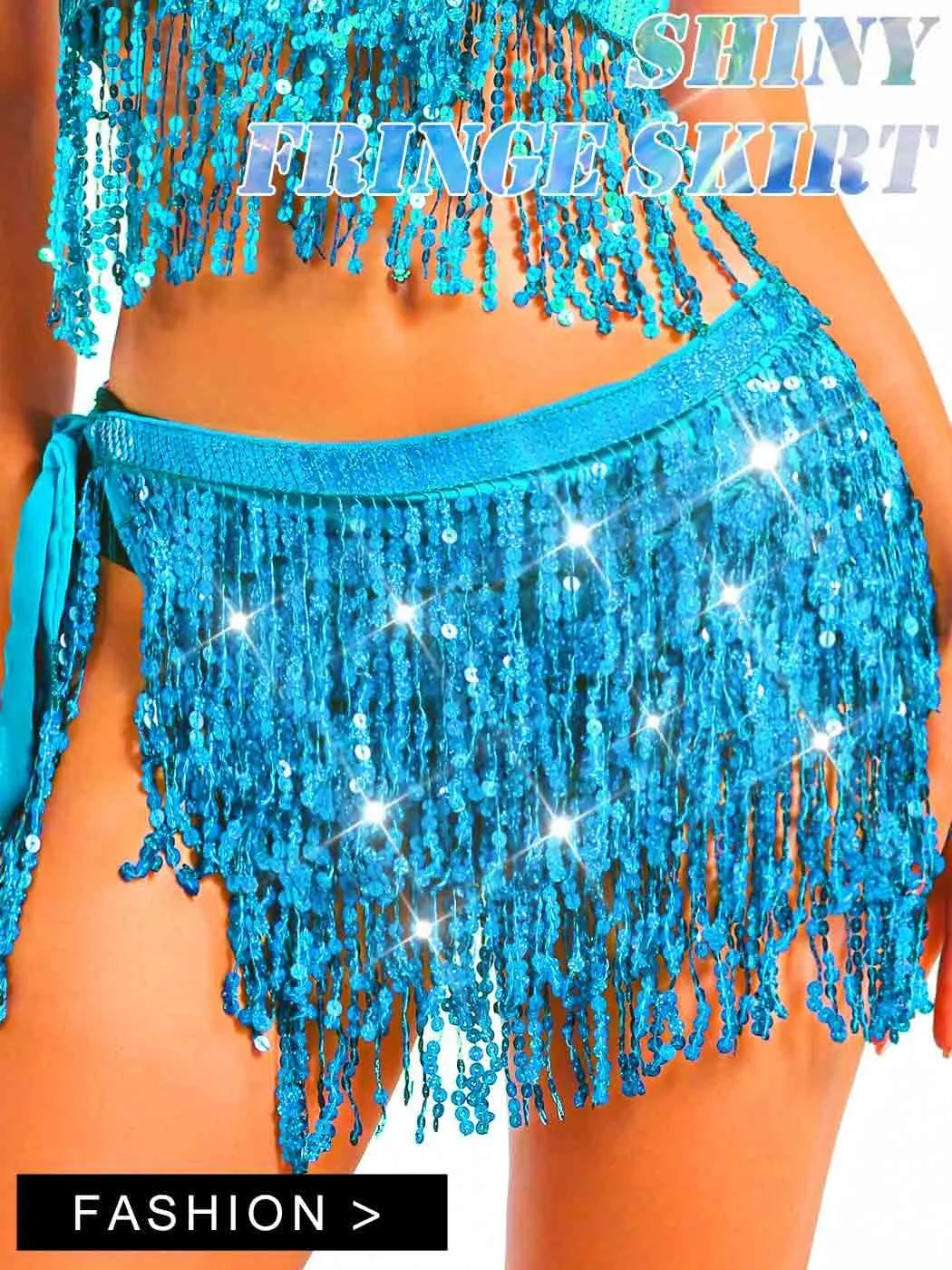TWINKLEDE Sparkly Sequin Tassel Skirt Rave Fringe Skirts Belly Dance Hip Scarf Belts for Women