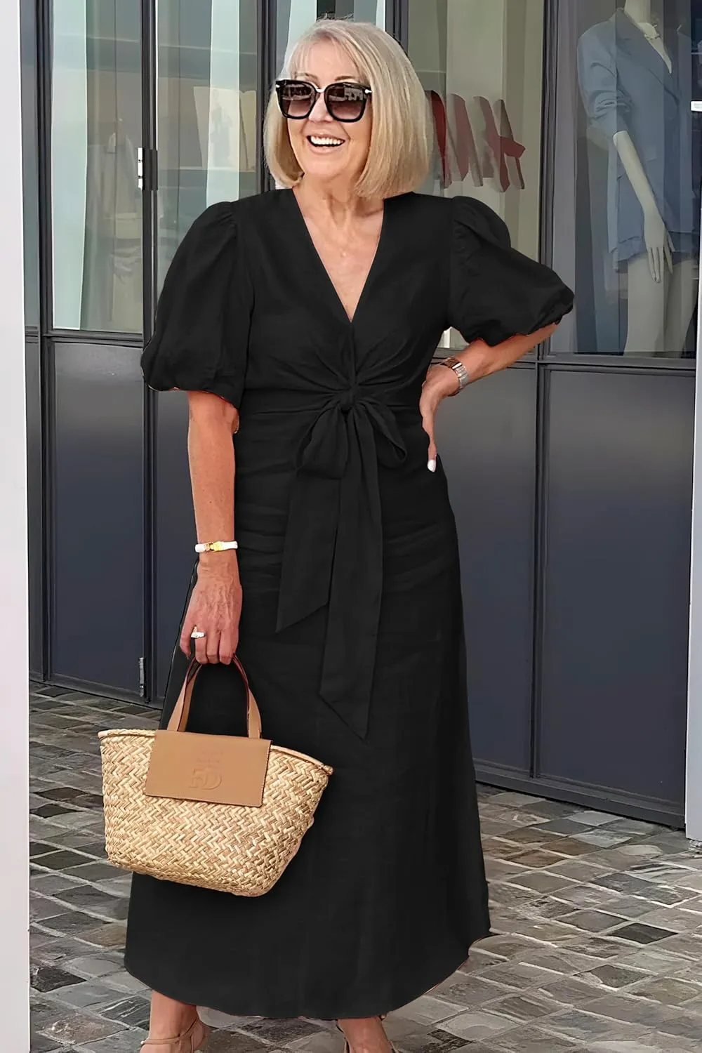 utcoco Women's 2025 Summer Casual Wrap V Neck Maxi Dress Puff Sleeve Bow Tie Front A Line Flowy Long Dress