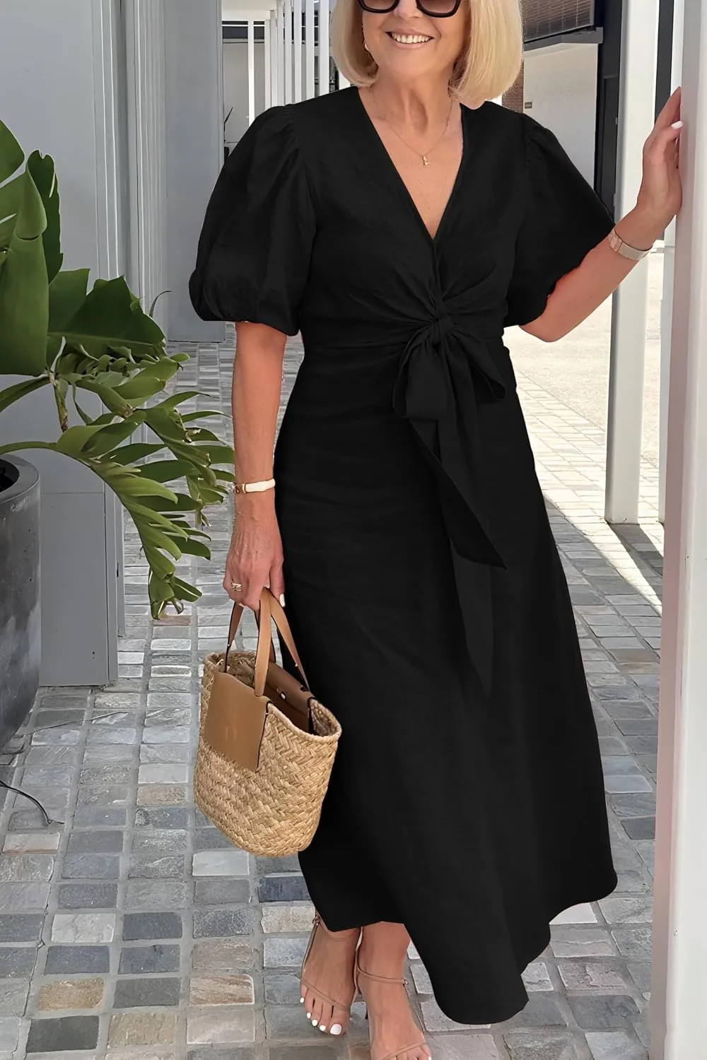 utcoco Women's 2025 Summer Casual Wrap V Neck Maxi Dress Puff Sleeve Bow Tie Front A Line Flowy Long Dress