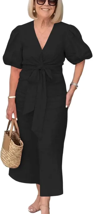utcoco Women's 2025 Summer Casual Wrap V Neck Maxi Dress Puff Sleeve Bow Tie Front A Line Flowy Long Dress