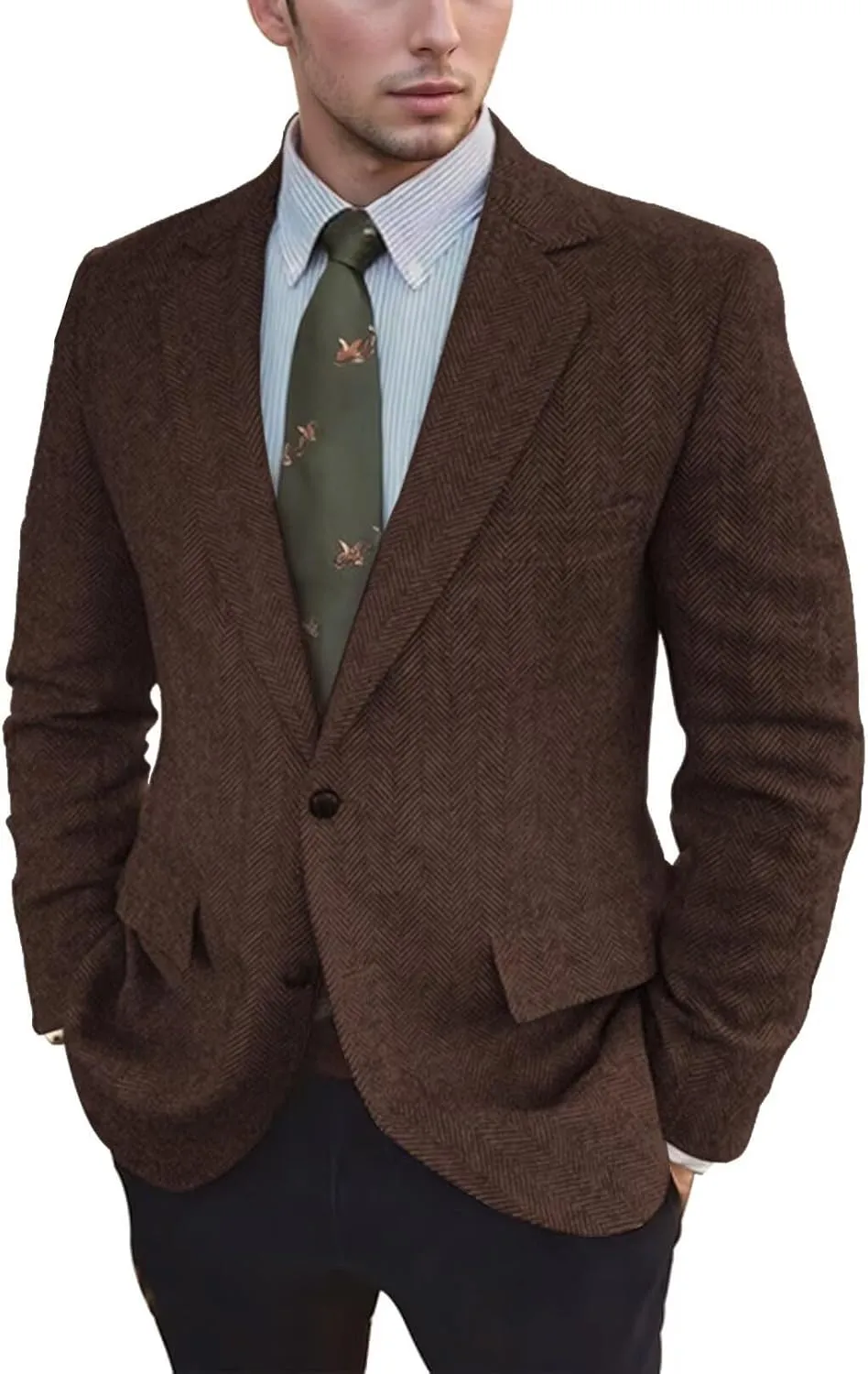Vintage Mens Tweed Blazer Retro Wool Blend Suit Jackets Herringbone Two Button Sport Coat Prom Business Casual Wedding