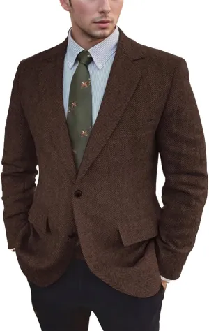 Vintage Mens Tweed Blazer Retro Wool Blend Suit Jackets Herringbone Two Button Sport Coat Prom Business Casual Wedding