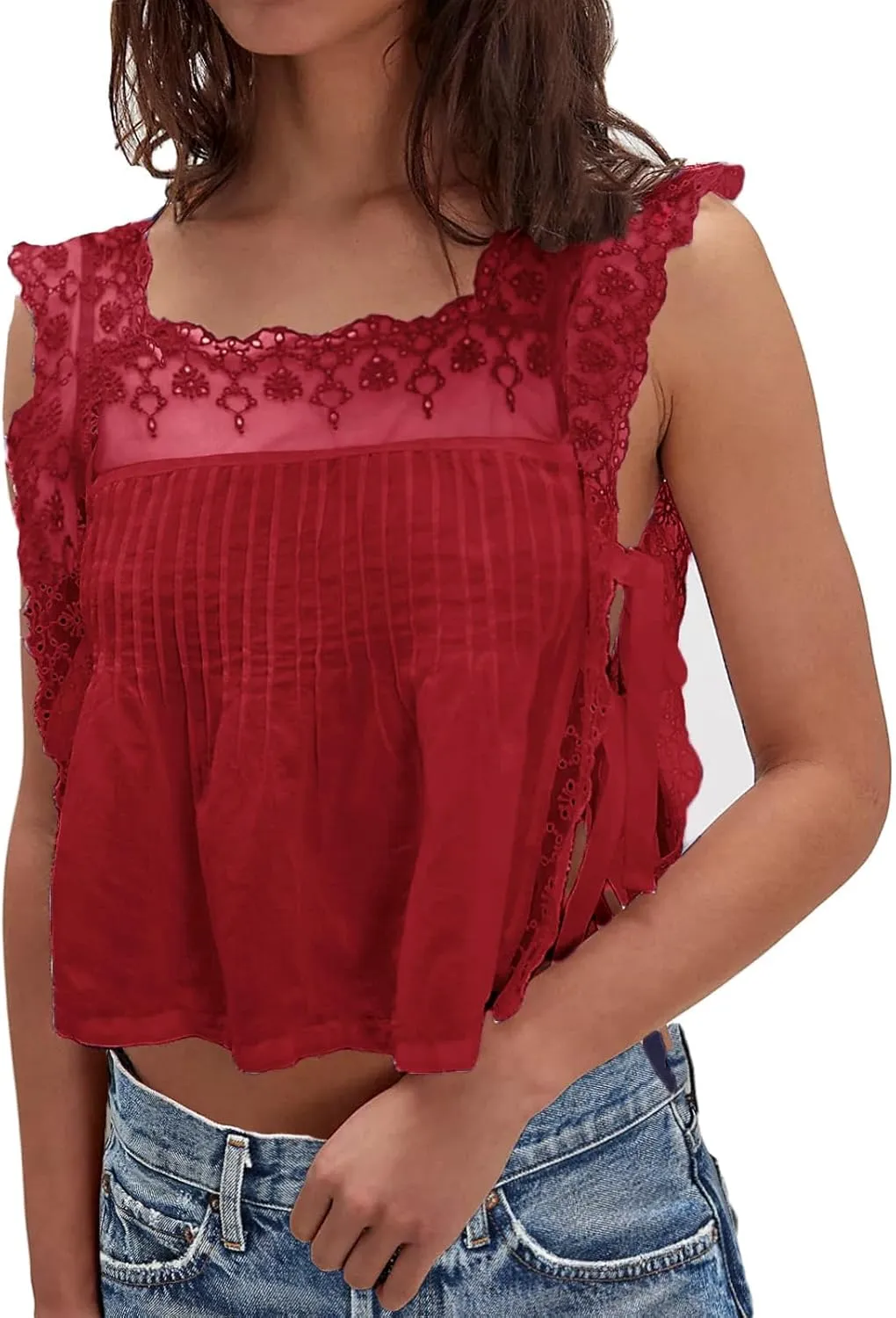 Women Lace Trim Side Tie Tank Top Y2k Sleeveless Flowy Ruffle Cute Summer Clothes Teen Girls