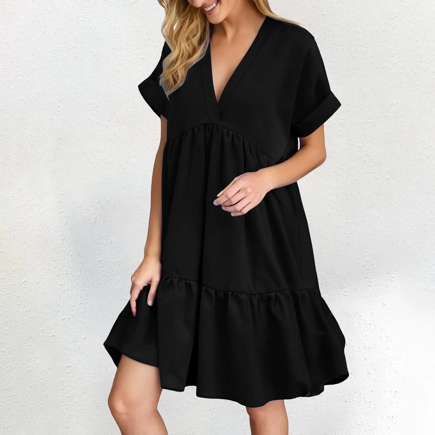 Women V Neck Flowy Babydoll Dresses 2025 Summer Short Sleeve Swing Shift Loose Casual Mini Tunic Dress