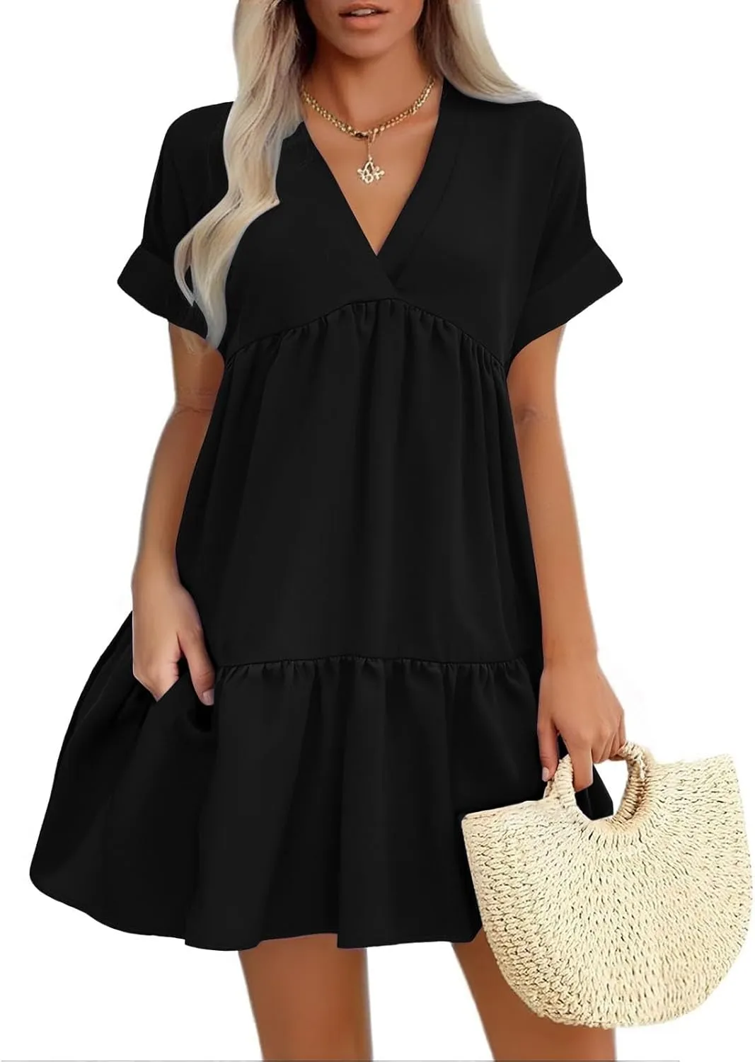 Women V Neck Flowy Babydoll Dresses 2025 Summer Short Sleeve Swing Shift Loose Casual Mini Tunic Dress