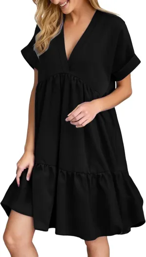 Women V Neck Flowy Babydoll Dresses 2025 Summer Short Sleeve Swing Shift Loose Casual Mini Tunic Dress