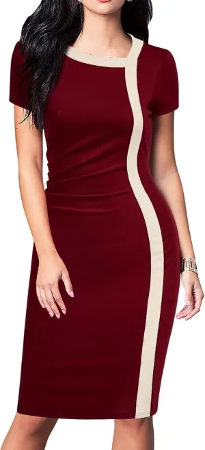 Women Vintage Ruffle Business Colorblock Work Church Pencil Dress