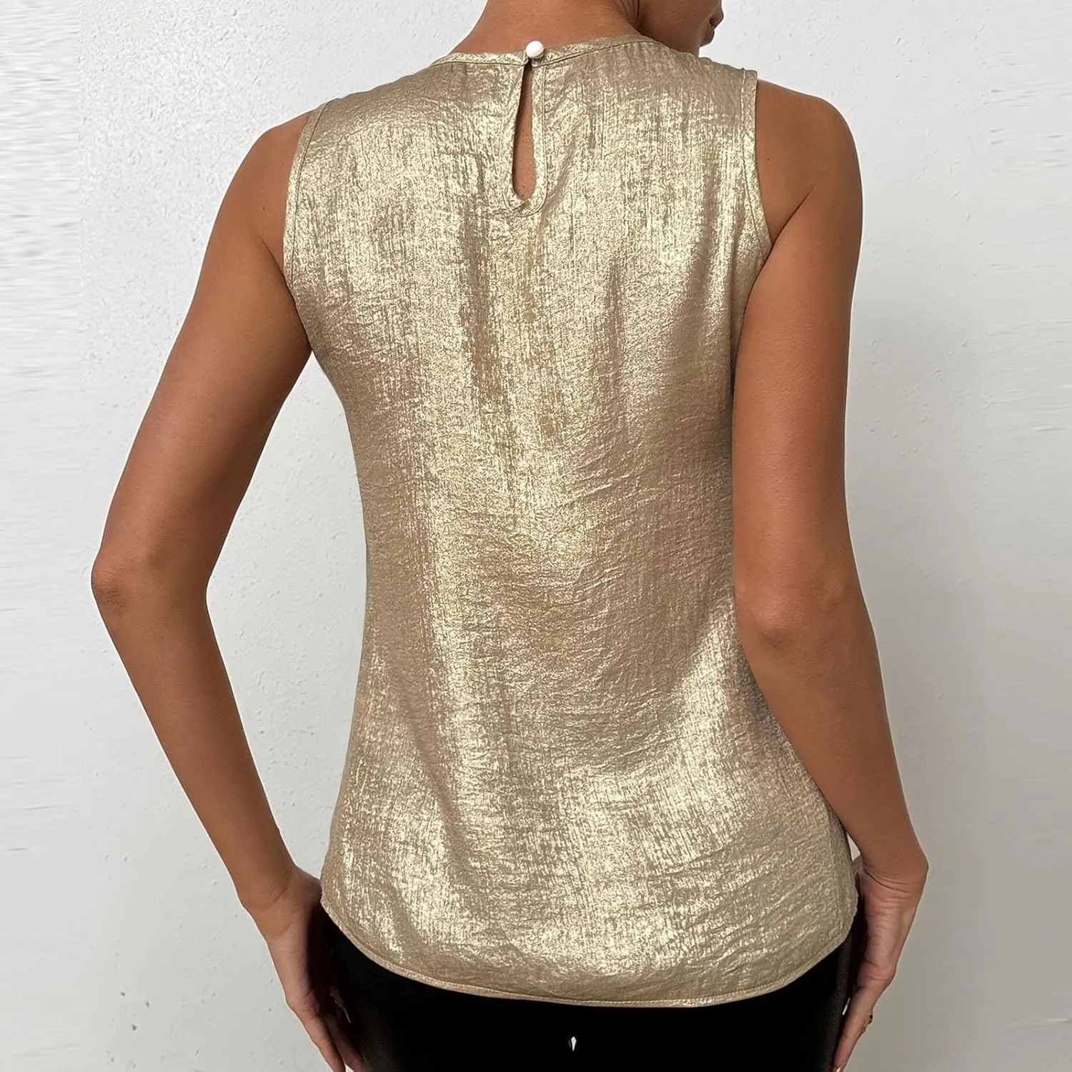 Women's Camisole Mock Neck Sleeveless Basic Cami Tops Back Keyhole Sexy Tank Shirts Loose Fit Shiny Blouses