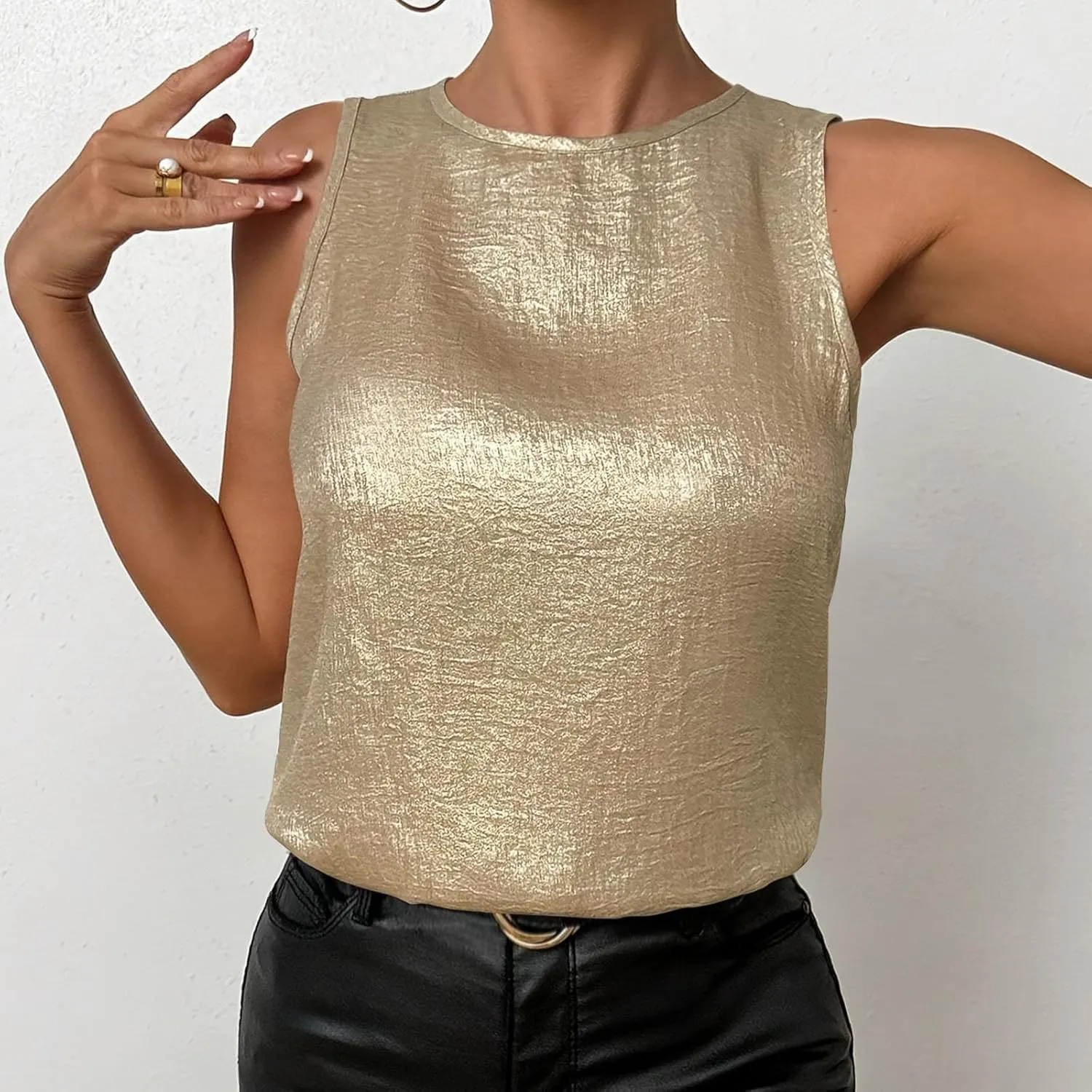 Women's Camisole Mock Neck Sleeveless Basic Cami Tops Back Keyhole Sexy Tank Shirts Loose Fit Shiny Blouses