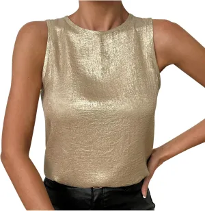 Women's Camisole Mock Neck Sleeveless Basic Cami Tops Back Keyhole Sexy Tank Shirts Loose Fit Shiny Blouses