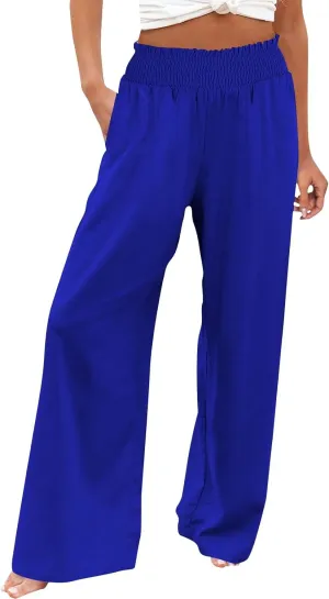 Womens Casual Linen High Waist Wide Leg Pants Straight Long Trousers with Pockets Beach Travel Vacation Outfits