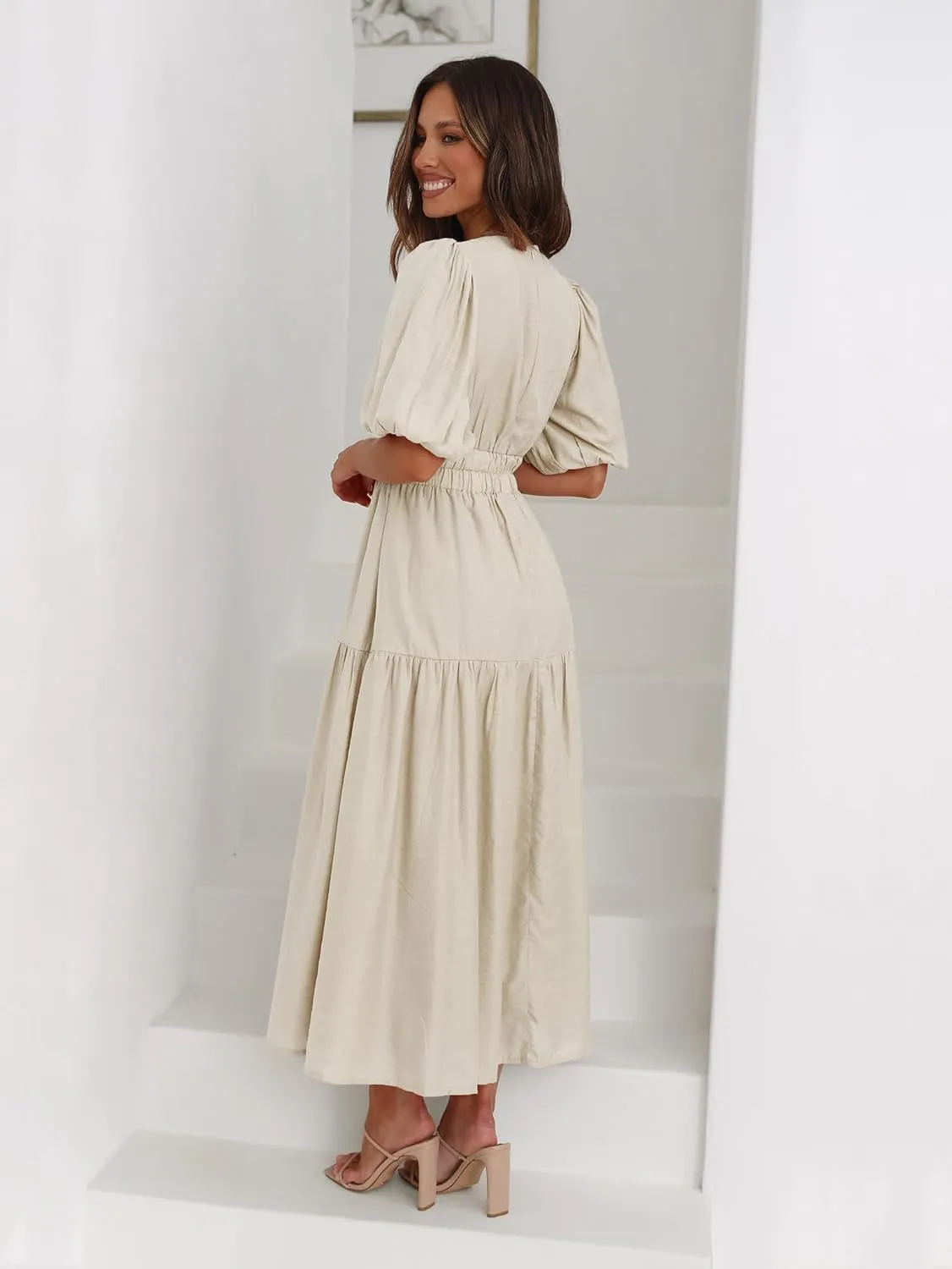 Womens Deep V Neck Puff Short Sleeve Tired Maxi Dress Boho Long Flowy Summer Dresses