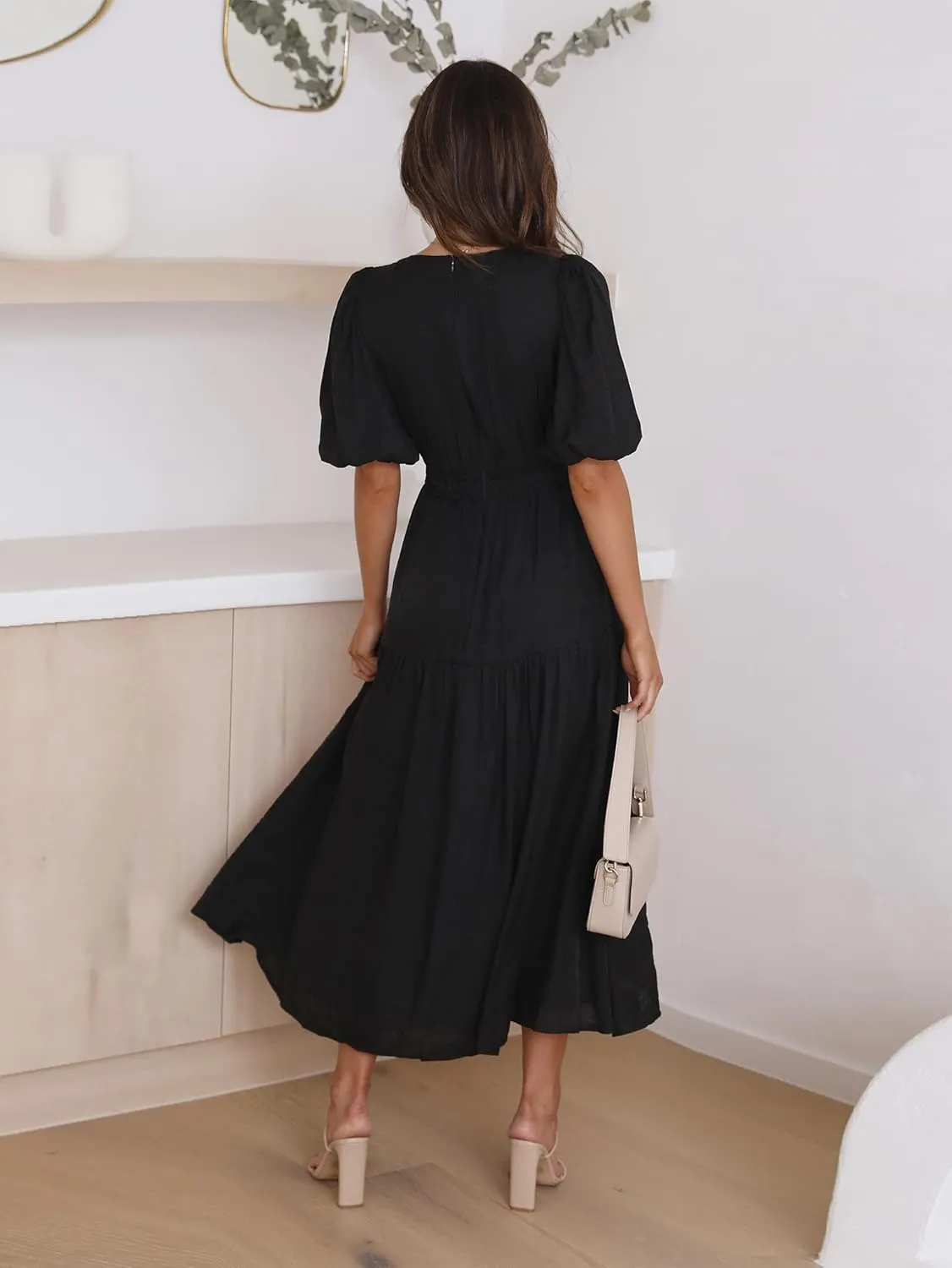 Womens Deep V Neck Puff Short Sleeve Tired Maxi Dress Boho Long Flowy Summer Dresses