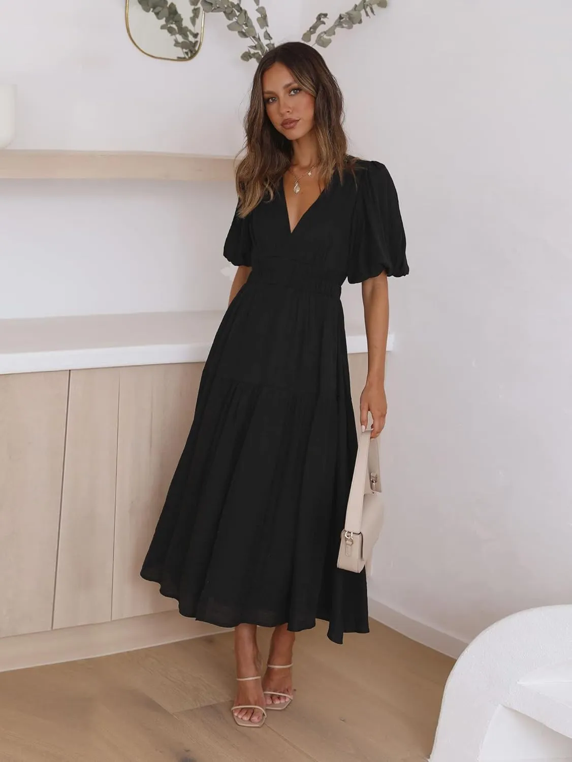Womens Deep V Neck Puff Short Sleeve Tired Maxi Dress Boho Long Flowy Summer Dresses
