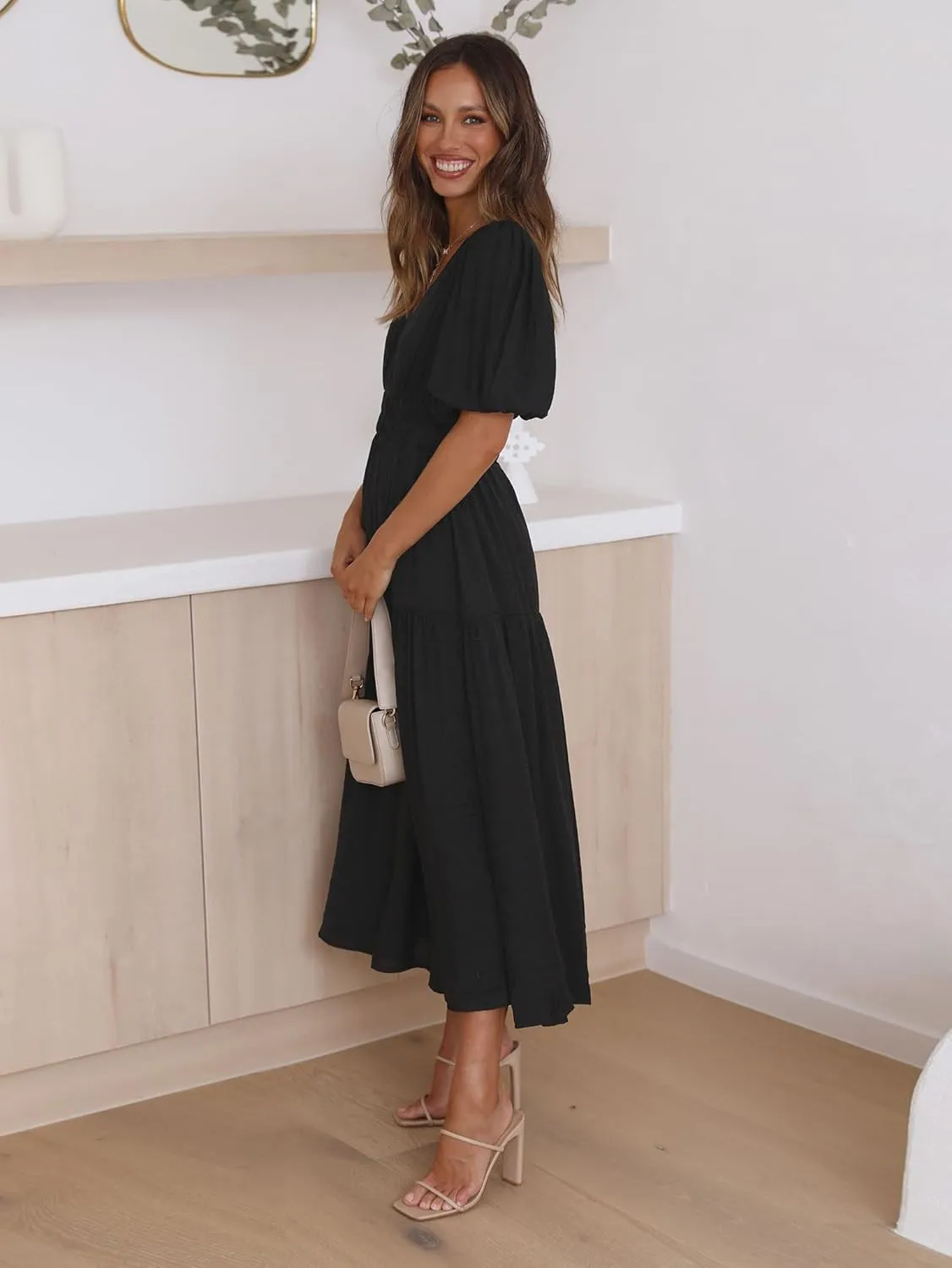 Womens Deep V Neck Puff Short Sleeve Tired Maxi Dress Boho Long Flowy Summer Dresses