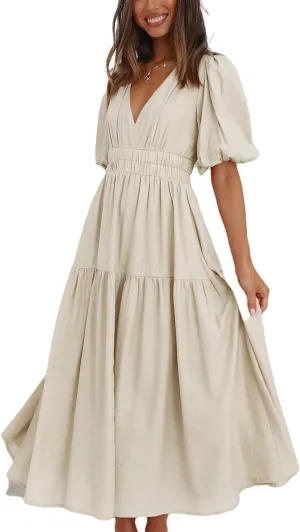 Womens Deep V Neck Puff Short Sleeve Tired Maxi Dress Boho Long Flowy Summer Dresses